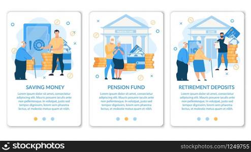 Set Informational Poster is Written Pension Fund. Flyer Inscription Retirement Deposits, Saving Money. Banner Asset for Investment. Older People Invest in Bank. Vector Illustration.