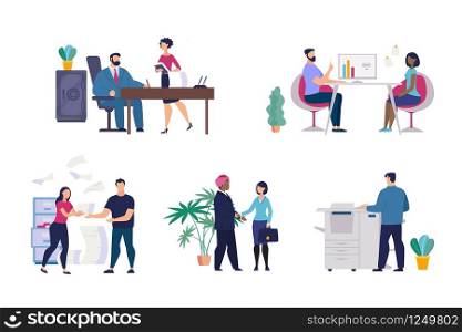 Set Informational Poster Office Situations Flat. People do Work in Office. Chief Signs Documents that Secretary Brought. Woman Shakes Hands with Man in Office. Vector Illustration.