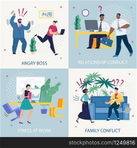 Set Informative Poster Angry Boss Lettering Flat. Banner is Written Stress at Work, Family Conflict, Relationship Conflict. Incentive for Employees to Work Efficiently. Vector Illustration.