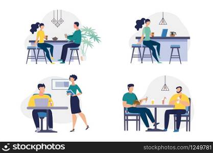 Set Informative Poster Office Staff Lounge Flat. Banner Food Stock in Shared Kitchen in Office. Guy and Girl Drink Coffee and Soft Drinks During Break at Work. Vector Illustration.