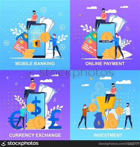 Set Inscription Mobile Banking Online Payment. Vector Illustration is Written Online Payment, Currency Exchange, Investment Cartoon Flat. Men and Women Use Modern Banking Products.