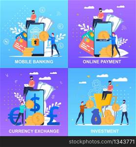 Set Inscription Mobile Banking Online Payment. Vector Illustration is Written Online Payment, Currency Exchange, Investment Cartoon Flat. Men and Women Use Modern Banking Products.