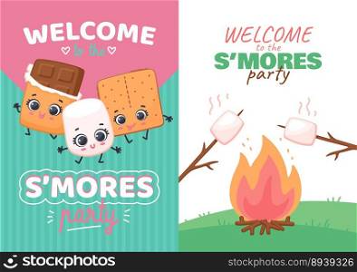 Set invitations for smores day party kawaii vector image