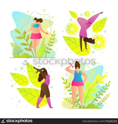 Set is Popular and Interesting Sport Cartoon. Wellness Resorts, Green Tourism and other Summer Vacation Options. Girls go in for Sports and Active Fun While on Vacation. Vector Illustration.