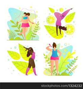 Set is Popular and Interesting Sport Cartoon. Wellness Resorts, Green Tourism and other Summer Vacation Options. Girls go in for Sports and Active Fun While on Vacation. Vector Illustration.