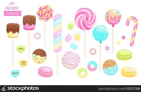Set isolated sweets on white background-candy,macaroon,candy cane,lollipop,caramel,marmalade.Template for confectionery,sweet banner and poster,advertise for candyshop. Vector illustration. Set of isolated sweets on white background.