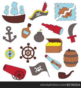 Set items pirate things. Draw illustration in color