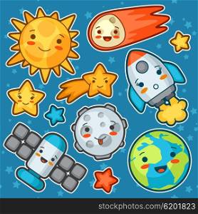 Set kawaii space objects. Doodles with pretty facial expression. Illustration of cartoon sun, earth, moon, rocket and celestial bodies.