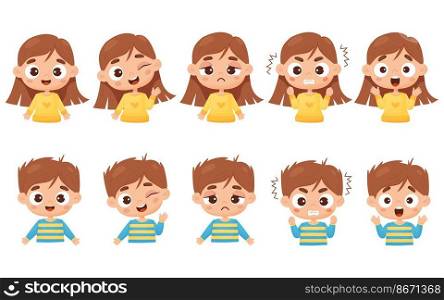Set kids emotions. Portraits of cute boy and girl with different facial expressions and feelings - happiness, anger, smile, delight, wonder. Vector isolated illustration cartoon style for design