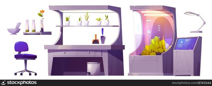 Set laboratory with plants growing equipment. Isolated scientific biotechnology technics, futuristic lab with glass tube, dashboard, l&, green seedlings in pots, chair, Cartoon vector illustration. Set laboratory with plants growing equipment icons