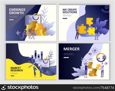 Set Landing page template people business app, marcet research, merger, focus group research and earnings growth, start up and solution. Vector illustration concept website mobile development. Set Landing page template people business app, marcet research, merger, focus group research and earnings growth, start up and solution.
