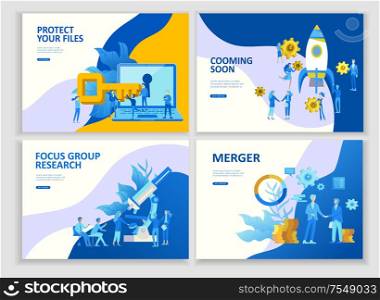Set Landing page template people business app merger, focus group marcet research and development, cooming soon, time menegement solution. Vector illustration concept website mobile development. Set Landing page template people business app merger, focus group marcet research and development, cooming soon, time menegement solution. Vector illustration concept website mobile