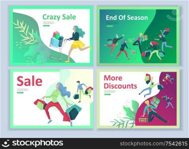 Set Landing page templates. People running for sale, crazy discounts, end of season, carrying shopping bags with purchases. Madness on seasonal sale at store shop. Cartoon character for black friday. Set Landing page templates. People running for sale, crazy discounts, end of season, carrying shopping bags with purchases. Madness on seasonal sale at store shop. Cartoon