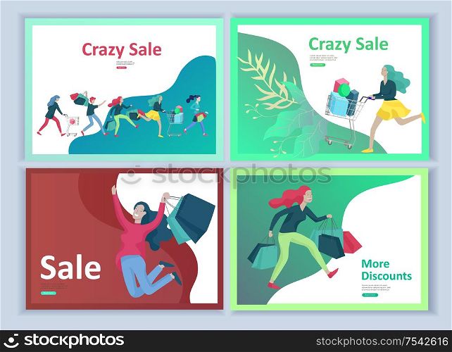 Set Landing page templates. People running for sale, crazy discounts, end of season, carrying shopping bags with purchases. Madness on seasonal sale at store shop. Cartoon character for black friday. Set Landing page templates. People running for sale, crazy discounts, end of season, carrying shopping bags with purchases. Madness on seasonal sale at store shop. Cartoon