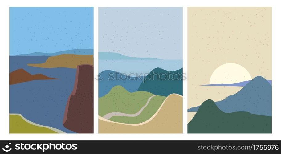 Set Landscapes Abstract Modern Contemporary background sunset sea ocean. Mountains, hills, waves shapes. Vector illustration trendy art flat minimalist style template banner poster. Set Landscapes Abstract Modern Contemporary background sunset sea ocean. Mountains, hills, waves shapes. Vector illustration trendy art flat minimalist style template banner poster decor