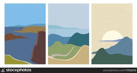 Set Landscapes Abstract Modern Contemporary background sunset sea ocean. Mountains, hills, waves shapes. Vector illustration trendy art flat minimalist style template banner poster. Set Landscapes Abstract Modern Contemporary background sunset sea ocean. Mountains, hills, waves shapes. Vector illustration trendy art flat minimalist style template banner poster decor