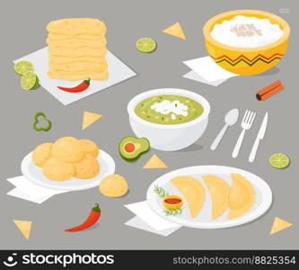 Set Latin American national food. Mexican Empanadas, Brazilian cheese bread, green soup with avocado, milk rice pudding, corn tortillas on plate with lime slices and chili peppers. Vector illustration