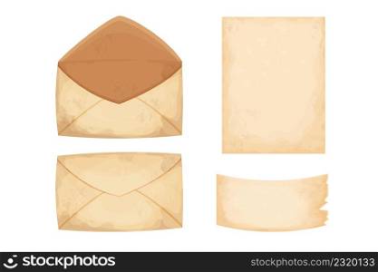 Set letter, envelope, paper and piece of parchment vintage in cartoon style. Retro collection, old correspondence. Textured and detailed clip art. Vector illustration