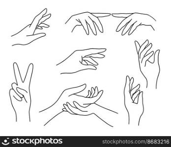 Set line art female hands different gestures. Elegant woman hands black outline isolated vector illustration. Drawn silhouette of palms for design. Set line art female hands different gestures