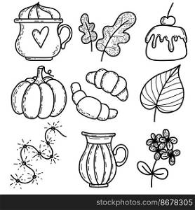 Set line art with croissants, coffee cup, leaves, vase, flowers, lights, cake with cherry, garland. Vector illustration