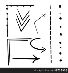 Set lines, arrows, marks in doodle style isolated on white background. Hand drawn dots, stripes . Vector illustration