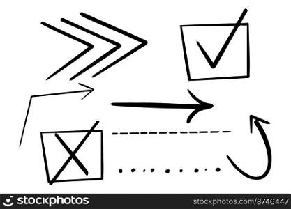 Set lines, arrows, marks in doodle style isolated on white background. Hand drawn dots, stripes . Vector illustration