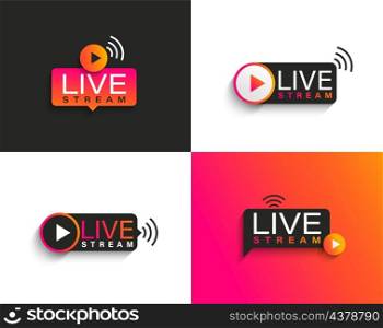 Set live stream logos,symbols,icons with play button and wifi.Emblems for broadcasting, online tv, sport, news and radio streaming.Template for shows, movies and live performances.Vector illustration.. Set live stream symbols,icons with play button.