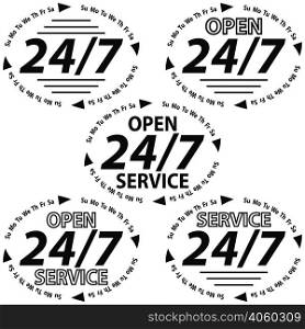 SET LOGO round the clock 24 hours a day and 7 days a week support OPEN service icon, vector illustration for print or website design. Open 24 7 icon with clock