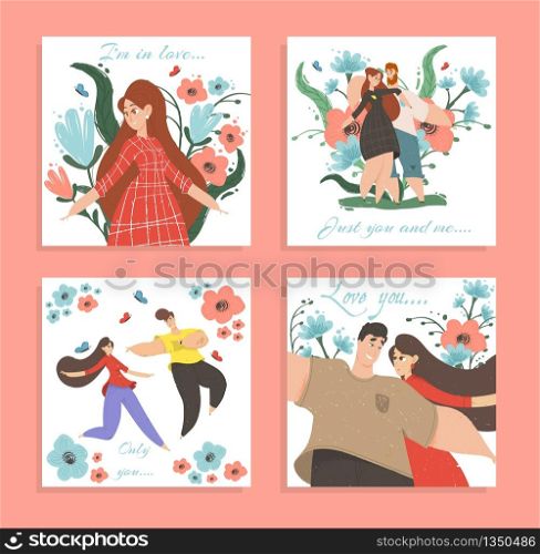 Set Love Banners or Greeting Cards. Happy Loving Couple Man and Woman Enjoying Romantic Relations Walking and Hugging among Colorful Flowers. Valentine Day Posters, Cartoon Flat Vector Illustration. Set of Love Banners or Greeting Cards Happy Couple