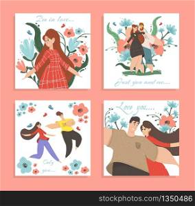 Set Love Banners or Greeting Cards. Happy Loving Couple Man and Woman Enjoying Romantic Relations Walking and Hugging among Colorful Flowers. Valentine Day Posters, Cartoon Flat Vector Illustration. Set of Love Banners or Greeting Cards Happy Couple
