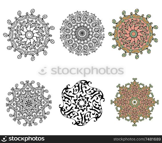 Set Mandala round ornament decorative isolated element, geometric floral circular pattern on a white background. Tribal ethnic Arabic Indian motif. Stock vector