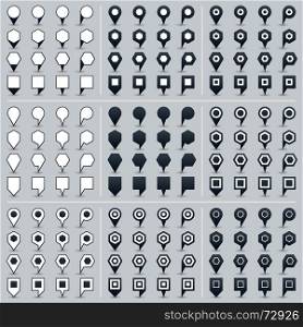 Set map pin sign location icon in flat style. 100 and 44 map pins sign location icon with gray shadow in flat style. Set 03 Simple black shapes on gray background. This vector illustration web design element save in 8 eps