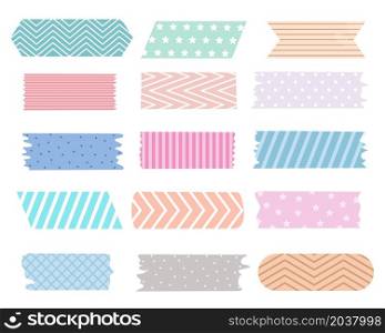 Set masking tape washi isolated vector illustration. A collection of cute stickers to highlight or decorate photos and postcards. Small decorated masking tapes for design. Set masking tape washi isolated vector illustration