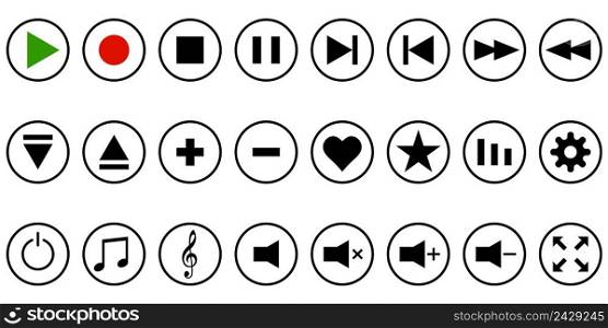 Set media player button icon, vector button template for music media player