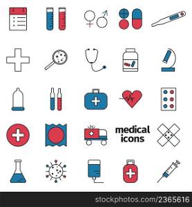 Set medical line icons vector illustration. Health kit for hospital, pharmacy, ambulance. Collection blue red clinical items. Set omedical line icons vector illustration