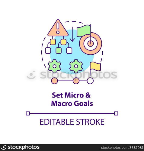 Set micro and macro goals concept icon. Step by step achievement. Adaptability tip abstract idea thin line illustration. Isolated outline drawing. Editable stroke. Arial, Myriad Pro-Bold fonts used. Set micro and macro goals concept icon