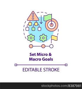 Set micro and macro goals concept icon. Step by step achievement. Adaptability tip abstract idea thin line illustration. Isolated outline drawing. Editable stroke. Arial, Myriad Pro-Bold fonts used. Set micro and macro goals concept icon