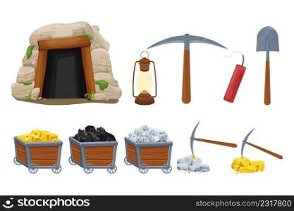 Set mine tools, equipment in cartoon style isolated on white background. Wooden cart with gold, silver, coal ore, tunnel entrance, retro l&, pickaxe and shovel. Ui assets. Vector illustration