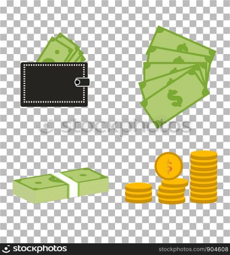 set moneydollars and coins on transparent background. set moneydollars and coins sign. moneydollars and coins icon for your web site design, logo, app, UI.