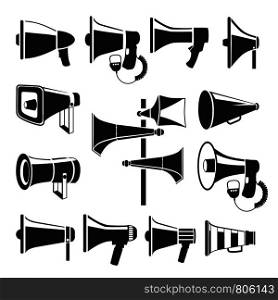 Set monochrome pictures of megaphones. Vector symbols of advertising. Illustration of megaphone and loudspeaker, bullhorn equipment for announcement. Set monochrome pictures of megaphones. Vector symbols of advertising