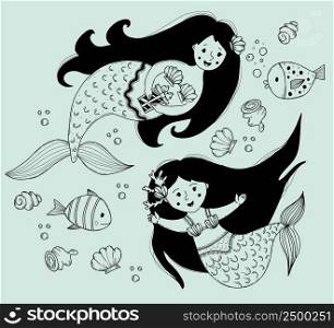 set mythical woman - Cute Mermaid. vector hand drawn outline illustration set. Collection naiad seashells, fish in linear doodle style for thematic design and decor