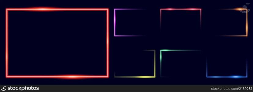 set neon rectangle frame, Glow border. frame with shining effects sign on dark background, vector illustration.