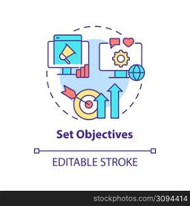 Set objectives concept icon. Choose business goals. Hiring PR firm abstract idea thin line illustration. Isolated outline drawing. Editable stroke. Arial, Myriad Pro-Bold fonts used. Set objectives concept icon