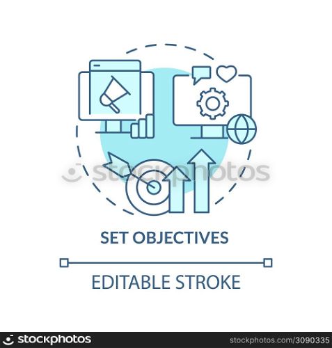 Set objectives turquoise concept icon. Choose business goals. Hiring PR firm abstract idea thin line illustration. Isolated outline drawing. Editable stroke. Arial, Myriad Pro-Bold fonts used. Set objectives turquoise concept icon