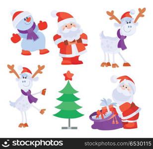 Set Objects for Creation Christmas Greeting Card. Set of objects for creation New Year and Christmas greeting cards. Santa Claus, gift box, fir tree, deer, snowman, ball. Elements for xmas posters banners design in flat style. Vector illustration