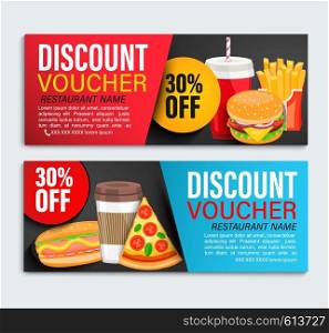 Set od Discount gift vouchers for restaurans with 30 percent price off.Fast food coupon,certificate with pizza,hot dog,fries, coffee,burger,donut and ice cream and space for text.Flyer template.Vector. Set od Discount gift vouchers.