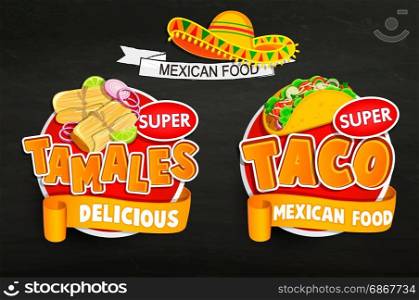 Set od traditional Mexican food logos, emblems.. Set of traditional Mexican food logo, emblems, food label or sticker. Tamales, Taco logo, sticker, traditional product design for shops, markets.Vector illustration.