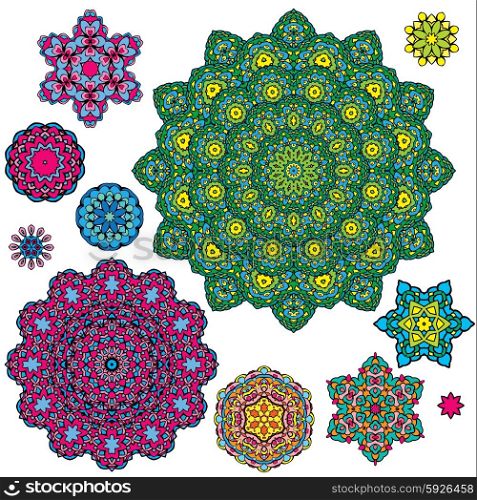 Set of 10 colorful round ornaments, kaleidoscope floral patterns.