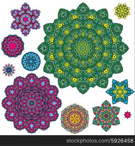 Set of 10 colorful round ornaments, kaleidoscope floral patterns.