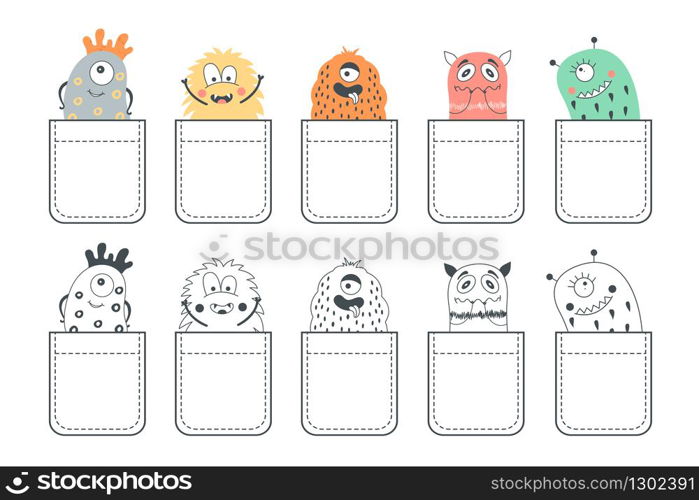 Set of 10 pockets with cute monsters. Funny monsters in the pockets. Ideal for printing t-shirts.